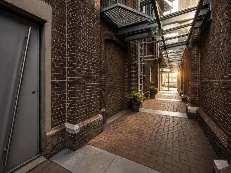 Overdekte doorgang met bergingsdeuren in een appartementencomplex