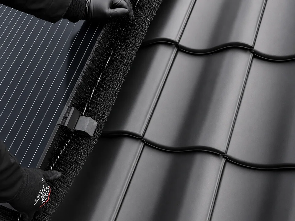 Voguard-borstel wordt onder een zonnepaneel gemonteerd
