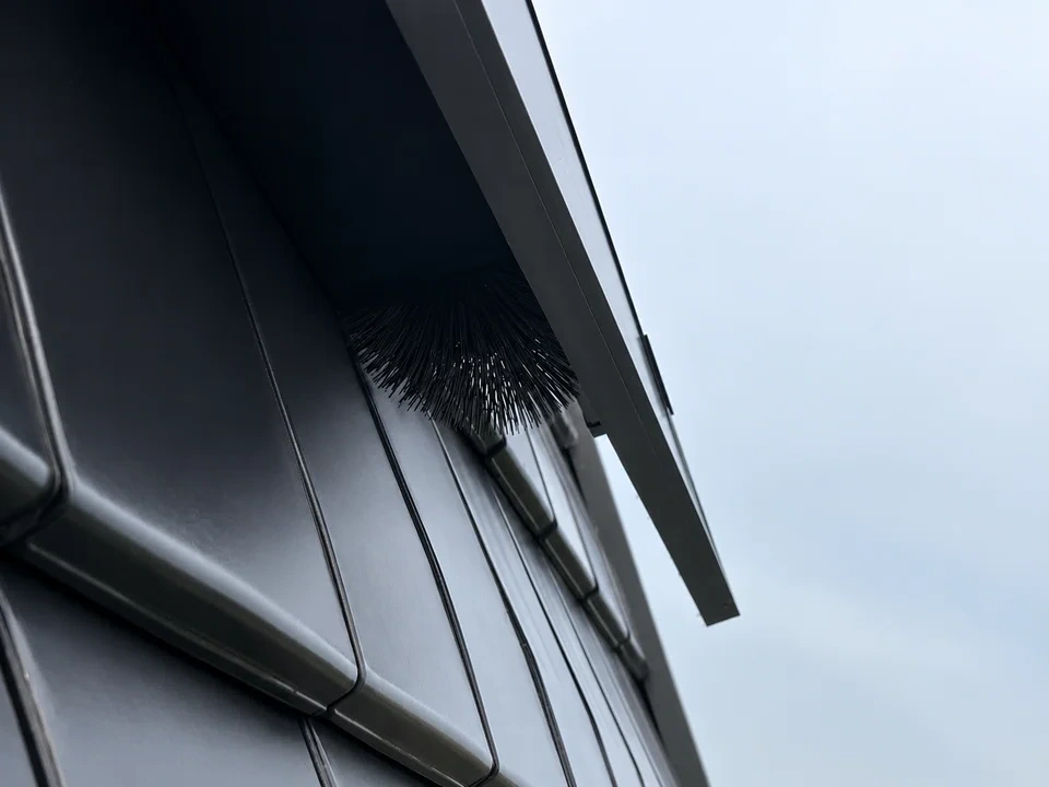 Voguard-borstel geplaatst onder de dakrand van een donkere gevel